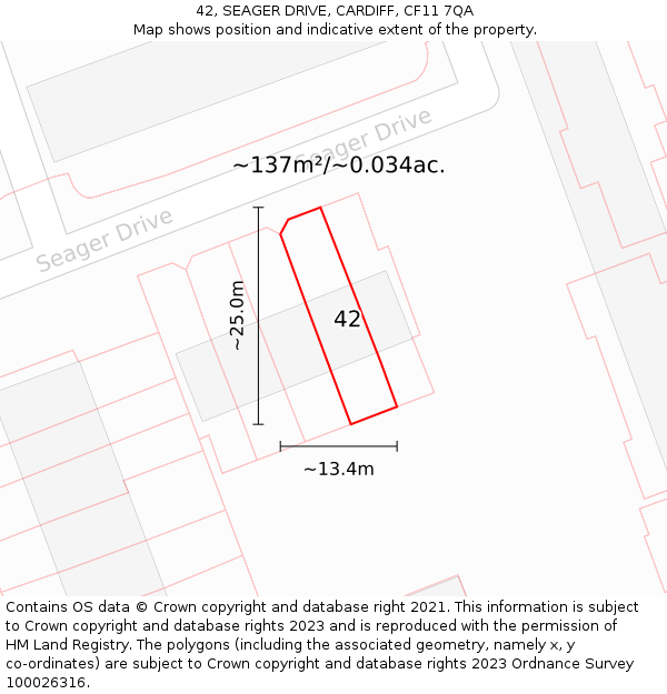 42, SEAGER DRIVE, CARDIFF, CF11 7QA: Plot and title map