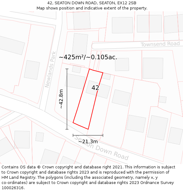 42, SEATON DOWN ROAD, SEATON, EX12 2SB: Plot and title map