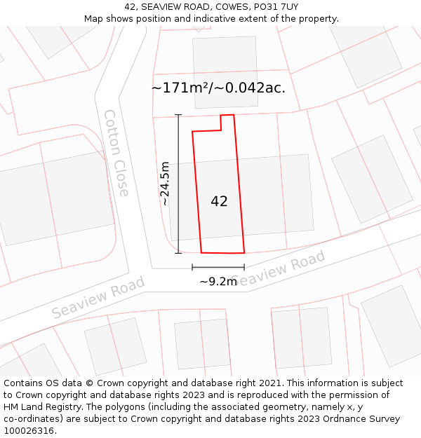 42, SEAVIEW ROAD, COWES, PO31 7UY: Plot and title map