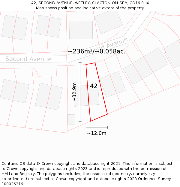 42, SECOND AVENUE, WEELEY, CLACTON-ON-SEA, CO16 9HX: Plot and title map