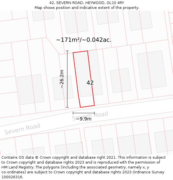 42, SEVERN ROAD, HEYWOOD, OL10 4RY: Plot and title map