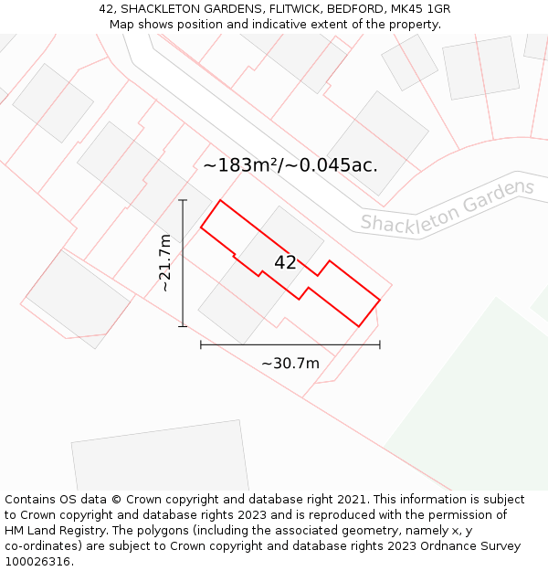 42, SHACKLETON GARDENS, FLITWICK, BEDFORD, MK45 1GR: Plot and title map