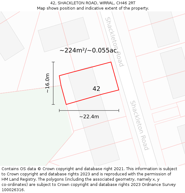 42, SHACKLETON ROAD, WIRRAL, CH46 2RT: Plot and title map