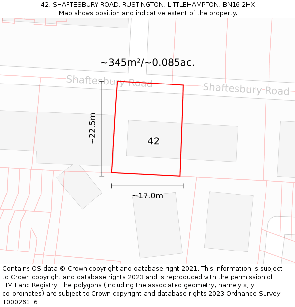42, SHAFTESBURY ROAD, RUSTINGTON, LITTLEHAMPTON, BN16 2HX: Plot and title map