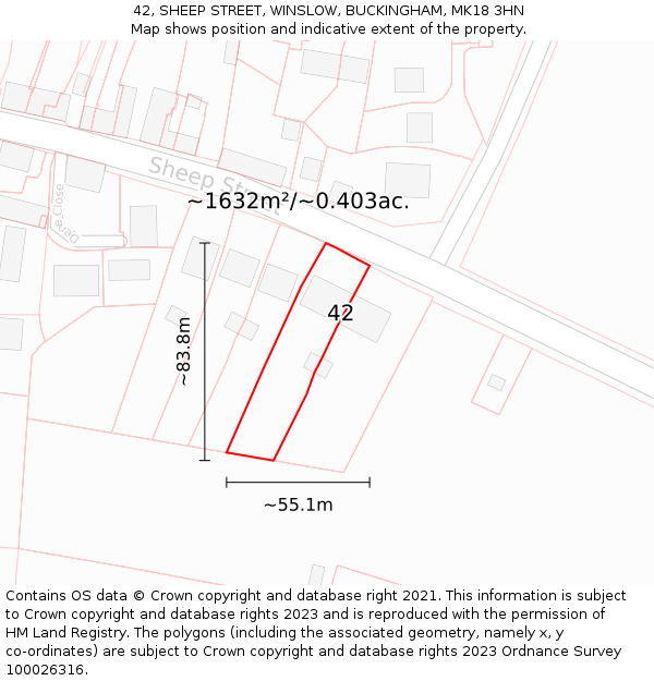 42, SHEEP STREET, WINSLOW, BUCKINGHAM, MK18 3HN: Plot and title map