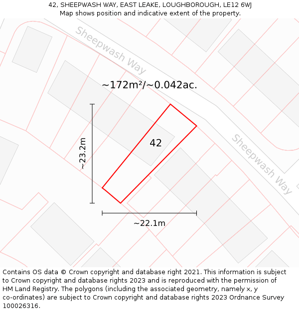 42, SHEEPWASH WAY, EAST LEAKE, LOUGHBOROUGH, LE12 6WJ: Plot and title map