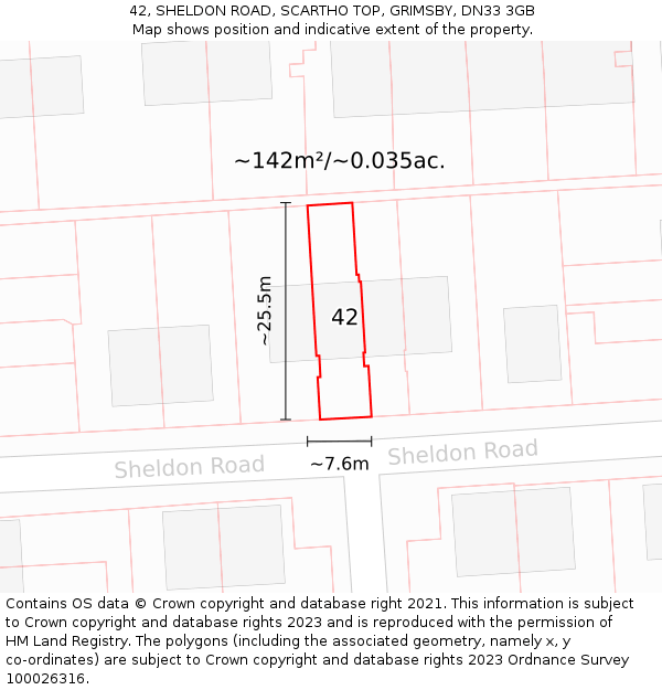 42, SHELDON ROAD, SCARTHO TOP, GRIMSBY, DN33 3GB: Plot and title map