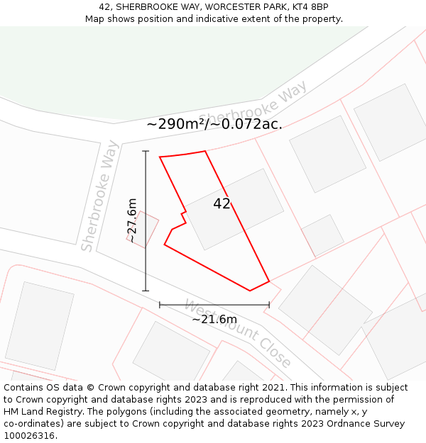 42, SHERBROOKE WAY, WORCESTER PARK, KT4 8BP: Plot and title map