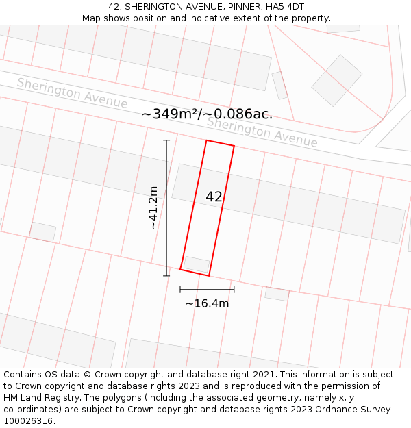 42, SHERINGTON AVENUE, PINNER, HA5 4DT: Plot and title map