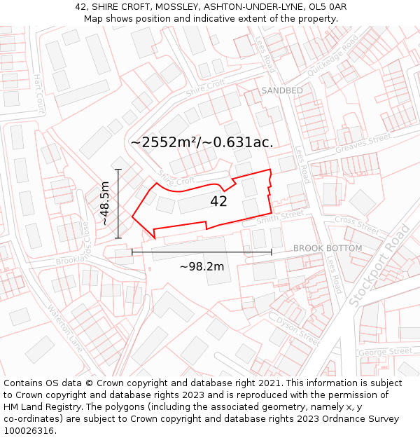 42, SHIRE CROFT, MOSSLEY, ASHTON-UNDER-LYNE, OL5 0AR: Plot and title map