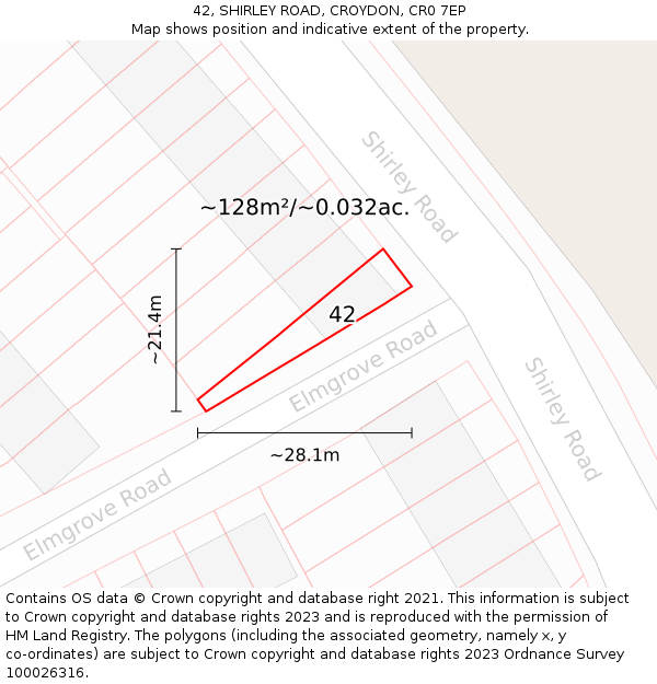 42, SHIRLEY ROAD, CROYDON, CR0 7EP: Plot and title map