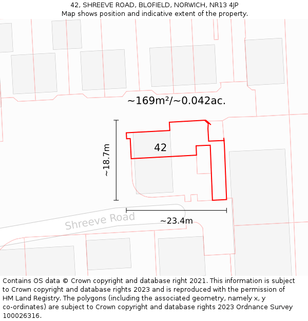 42, SHREEVE ROAD, BLOFIELD, NORWICH, NR13 4JP: Plot and title map