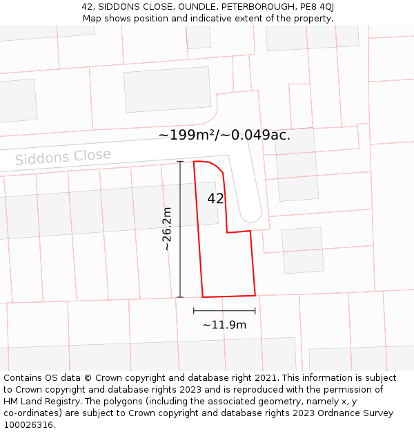 42, SIDDONS CLOSE, OUNDLE, PETERBOROUGH, PE8 4QJ: Plot and title map