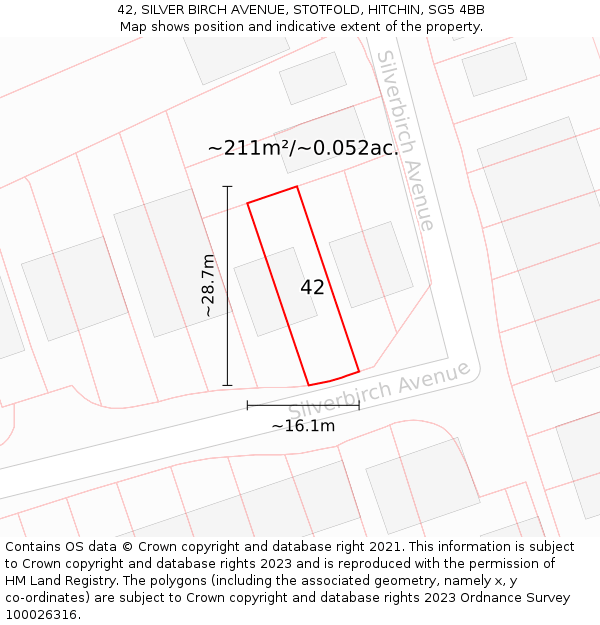 42, SILVER BIRCH AVENUE, STOTFOLD, HITCHIN, SG5 4BB: Plot and title map