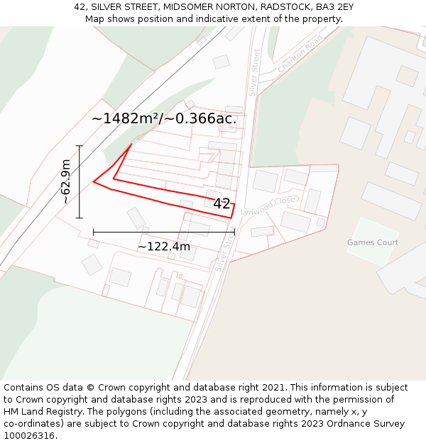 42, SILVER STREET, MIDSOMER NORTON, RADSTOCK, BA3 2EY: Plot and title map
