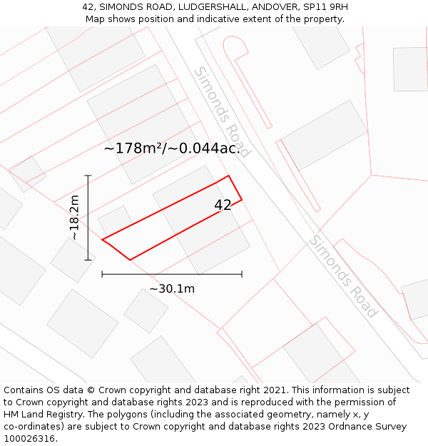 42, SIMONDS ROAD, LUDGERSHALL, ANDOVER, SP11 9RH: Plot and title map