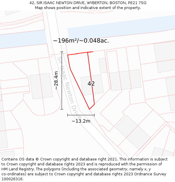 42, SIR ISAAC NEWTON DRIVE, WYBERTON, BOSTON, PE21 7SG: Plot and title map