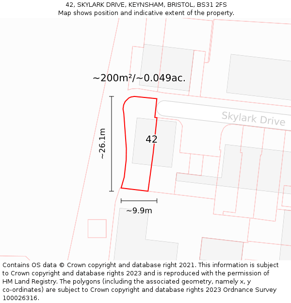 42, SKYLARK DRIVE, KEYNSHAM, BRISTOL, BS31 2FS: Plot and title map