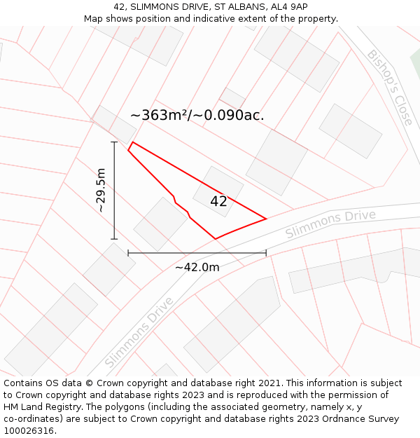 42, SLIMMONS DRIVE, ST ALBANS, AL4 9AP: Plot and title map
