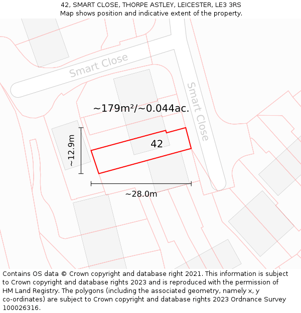 42, SMART CLOSE, THORPE ASTLEY, LEICESTER, LE3 3RS: Plot and title map