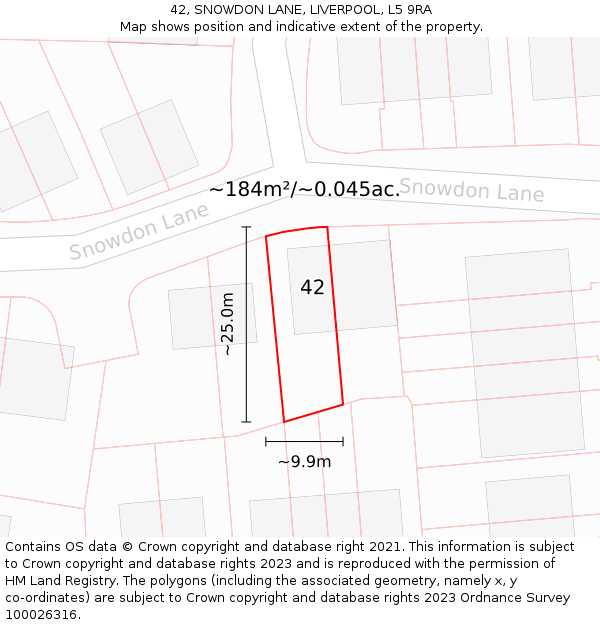 42, SNOWDON LANE, LIVERPOOL, L5 9RA: Plot and title map