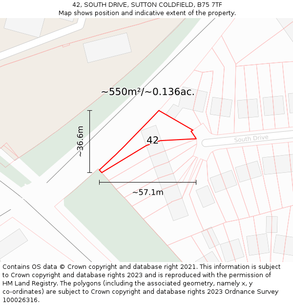 42, SOUTH DRIVE, SUTTON COLDFIELD, B75 7TF: Plot and title map