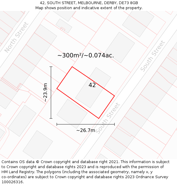 42, SOUTH STREET, MELBOURNE, DERBY, DE73 8GB: Plot and title map