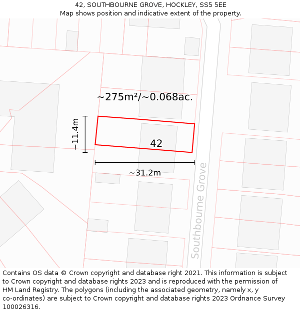 42, SOUTHBOURNE GROVE, HOCKLEY, SS5 5EE: Plot and title map