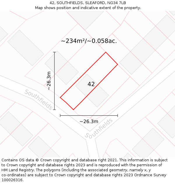 42, SOUTHFIELDS, SLEAFORD, NG34 7LB: Plot and title map