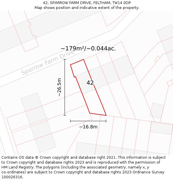 42, SPARROW FARM DRIVE, FELTHAM, TW14 0DP: Plot and title map
