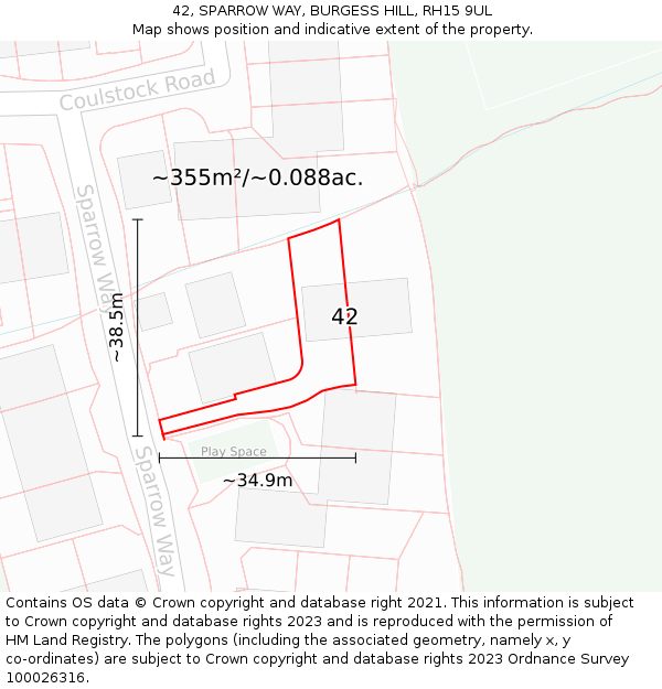 42, SPARROW WAY, BURGESS HILL, RH15 9UL: Plot and title map