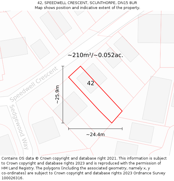 42, SPEEDWELL CRESCENT, SCUNTHORPE, DN15 8UR: Plot and title map