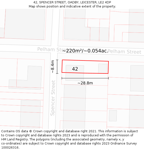 42, SPENCER STREET, OADBY, LEICESTER, LE2 4DP: Plot and title map