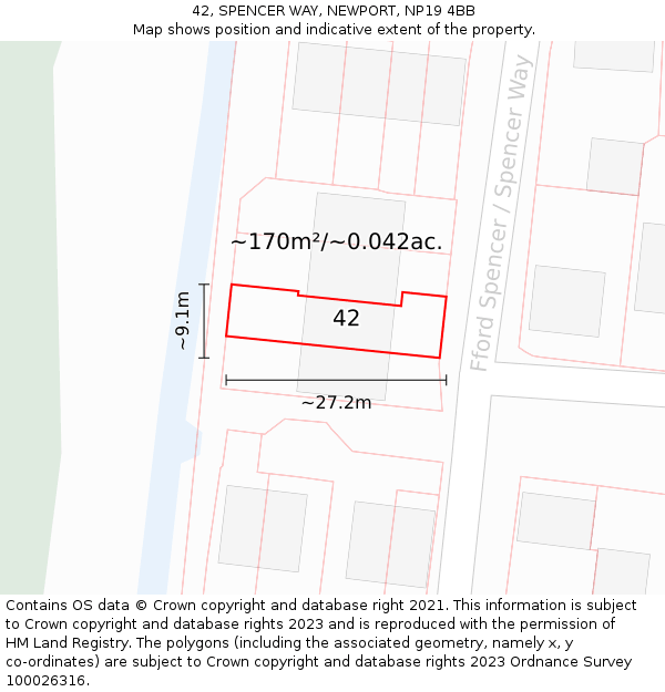 42, SPENCER WAY, NEWPORT, NP19 4BB: Plot and title map