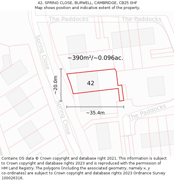 42, SPRING CLOSE, BURWELL, CAMBRIDGE, CB25 0HF: Plot and title map