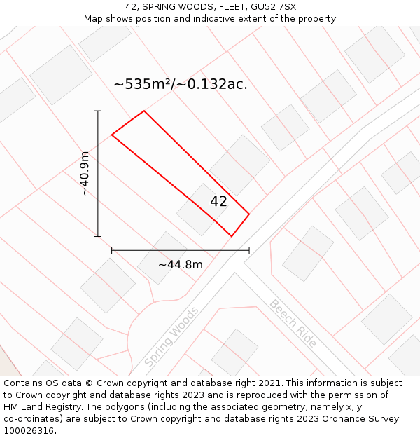 42, SPRING WOODS, FLEET, GU52 7SX: Plot and title map