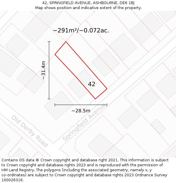 42, SPRINGFIELD AVENUE, ASHBOURNE, DE6 1BJ: Plot and title map