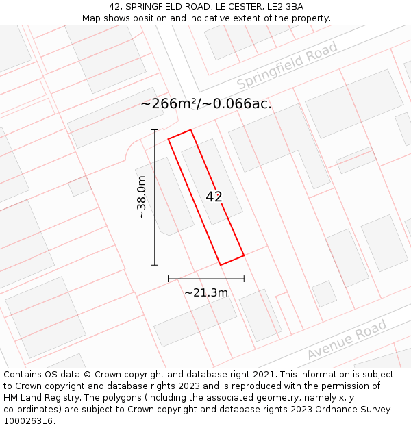 42, SPRINGFIELD ROAD, LEICESTER, LE2 3BA: Plot and title map