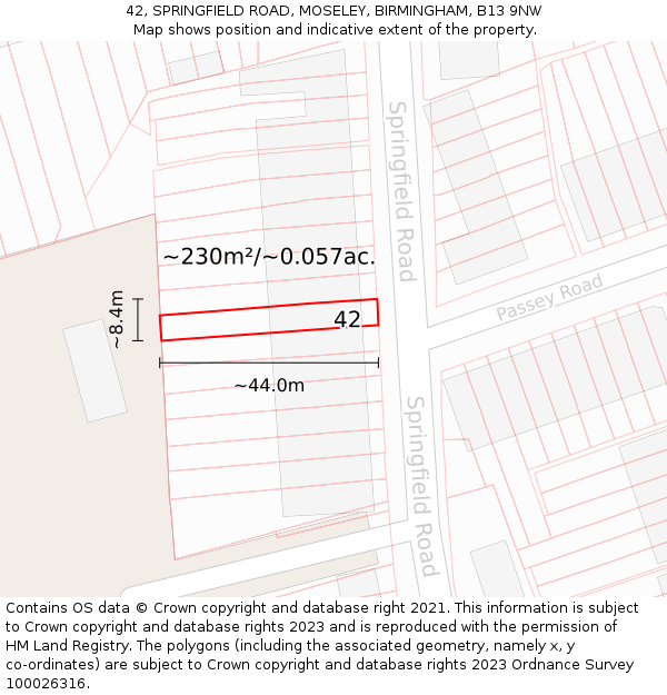 42, SPRINGFIELD ROAD, MOSELEY, BIRMINGHAM, B13 9NW: Plot and title map
