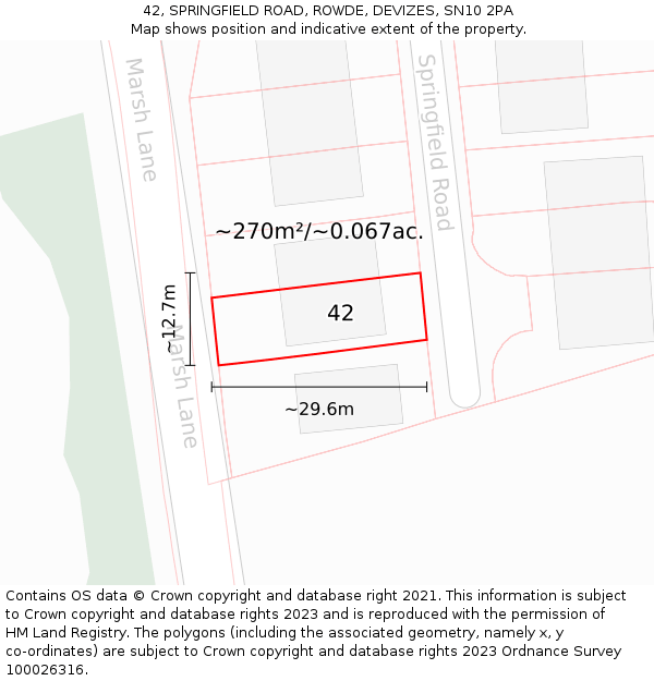 42, SPRINGFIELD ROAD, ROWDE, DEVIZES, SN10 2PA: Plot and title map