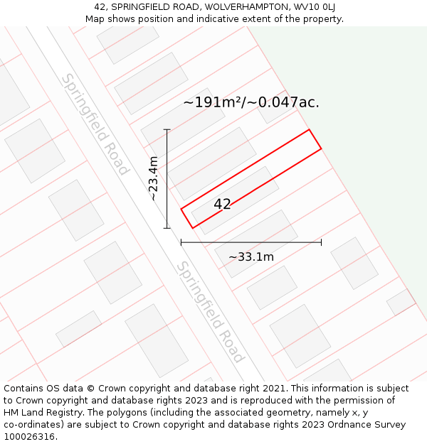 42, SPRINGFIELD ROAD, WOLVERHAMPTON, WV10 0LJ: Plot and title map