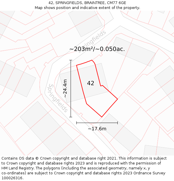 42, SPRINGFIELDS, BRAINTREE, CM77 6GE: Plot and title map