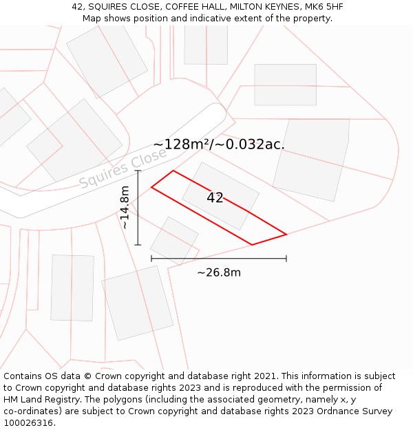 42, SQUIRES CLOSE, COFFEE HALL, MILTON KEYNES, MK6 5HF: Plot and title map