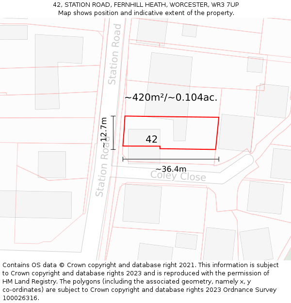 42, STATION ROAD, FERNHILL HEATH, WORCESTER, WR3 7UP: Plot and title map