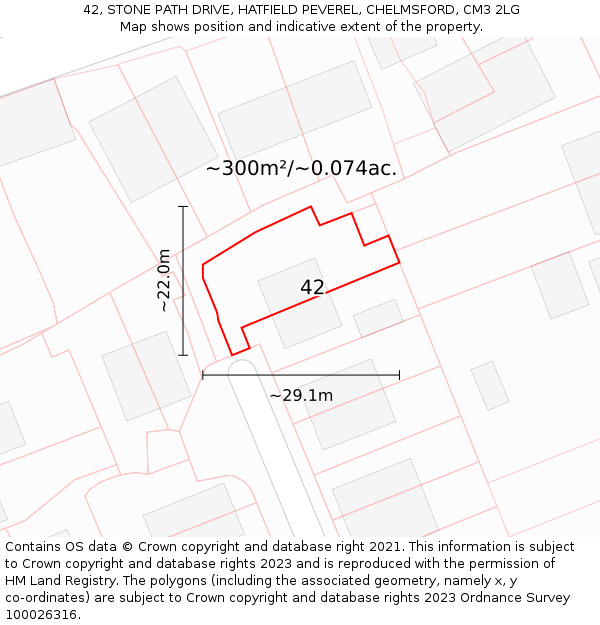 42, STONE PATH DRIVE, HATFIELD PEVEREL, CHELMSFORD, CM3 2LG: Plot and title map