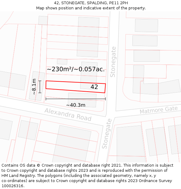 42, STONEGATE, SPALDING, PE11 2PH: Plot and title map