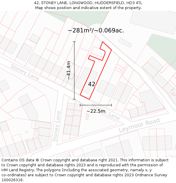 42, STONEY LANE, LONGWOOD, HUDDERSFIELD, HD3 4TL: Plot and title map