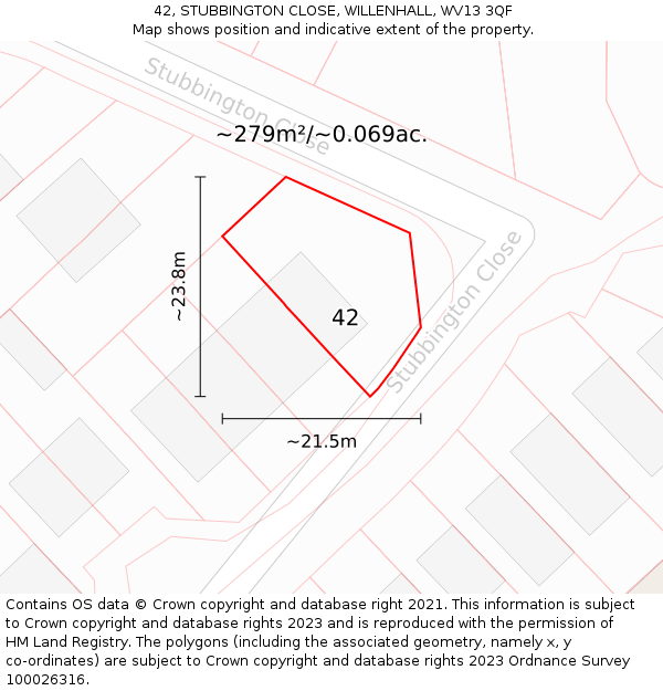 42, STUBBINGTON CLOSE, WILLENHALL, WV13 3QF: Plot and title map