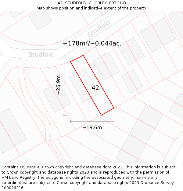 42, STUDFOLD, CHORLEY, PR7 1UB: Plot and title map