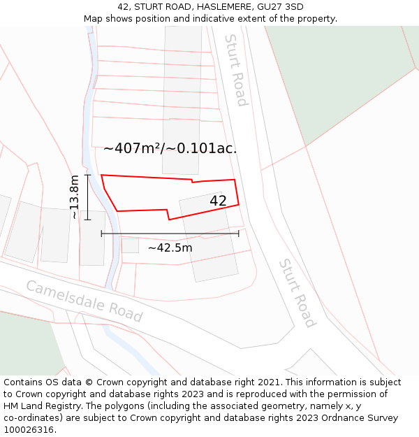 42, STURT ROAD, HASLEMERE, GU27 3SD: Plot and title map